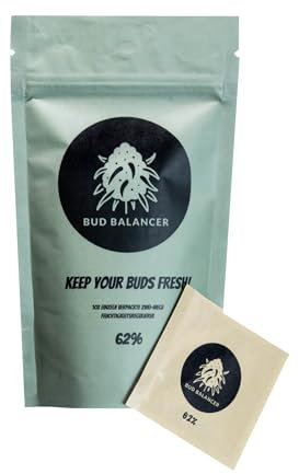 BUD BALANCER Humidity Packs & Curing Bag 2in1 Lösung - 62% Luftfeuchtigkeit halten Kräuter und Blüten frisch - 28 g Kräuter je Humidity Pack - Natürliche Inhaltsstoffe - 5 Stück je 8 g