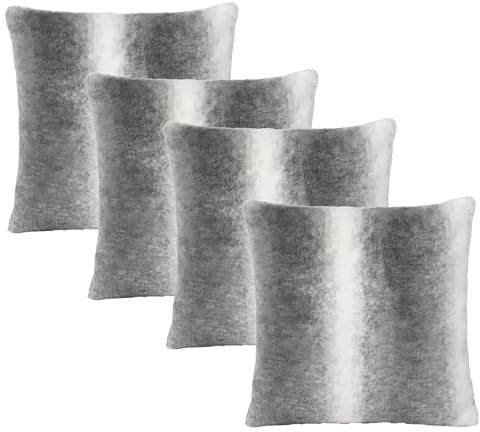 OHS Sofa Cushion Covers, Faux Fur Striped Fluffy Throw Pillow Covers 45 x 45 Ultra Soft Decorative Square Sofa Cushions for Living Room Bedroom - Set of 4, Grey