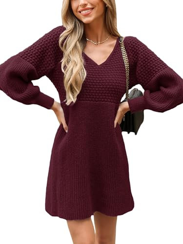 CUPSHE Damen Strickkleid Pulloverkleid V Ausschnitt Langarm Wabenmuster Feinstrick Pullikleid Knit Sweater Mini Dress Burgunder M