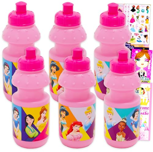 Disney Princess Kids - Botellas de agua reutilizables de 325 ml – Paquete de 6 piezas de princesa Disney con tapa superior extraíble y calcomanías, tatuajes para niñas | Botellas de princesa Disney a