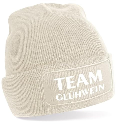 One Size Beanie, Mütze mit Spruch: Team Glühwein schwarz oder beige (DE/NL/SE/PL, Alphanumerisch, Einheitsgröße, Mütze beige)