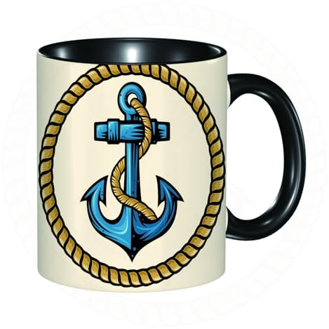 EKLMPS Tazas de Café,Taza de Cerámica para Té y Café,330ml/11oz,Regalos original,Aniversarios,nupical,desayuno,Románticos,Ancla, Diseño Marinero con Cuerda de Pared y Ancla Antigua Náutica Marítima De