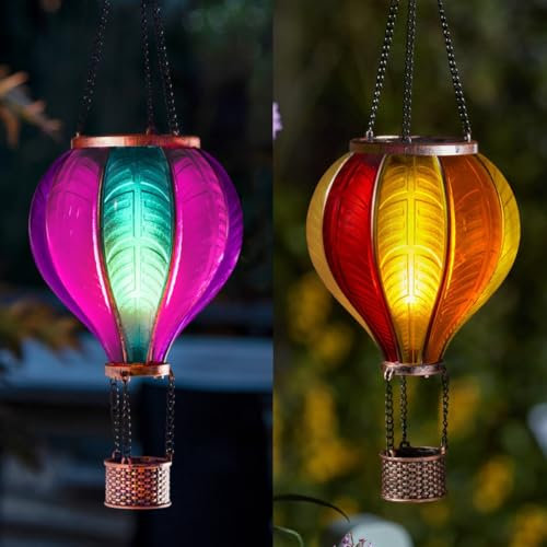 Festive Lights - 45cm Solar Power Aurora & Sunset Stain Cool Fiesta Realistic Flame Outdoor Hanging SMD LED Hot Air Balloon Lanterns - Multicoloured Glass Effect Flaming Garden Lights with Handles