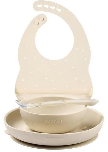 Nattou Vajilla Infantil de Silicona, 4 Piezas, 1 Cuchara, 1 Bol con Tapa, 1 Taza para Beber, 1 Babero, Sin BPA, Silicona, Color Arcilla