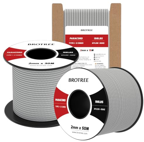Brotree Paracord 2mm 15M 100% Nylon Seil mit 3 Kern Schnur für Outdoor, Armband, Hundeleine - Bruchlast 90kg (Grau)