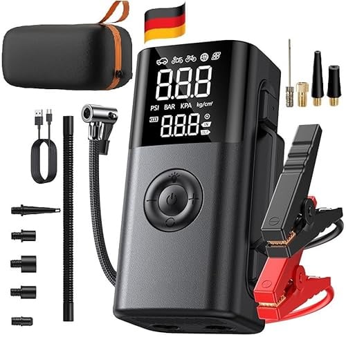 All-in-One Starthilfe mit Luftpumpe & Powerbank – 150 PSI Reifenfüller 12V Kompressor mit 6000mAh Akku, Digitalanzeige, LED-Notlicht, Schnell-Aufblasen, Auto Starthilfe & USB-Aufladung