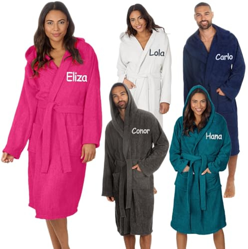 Personalised Adult Hooded Towelling Bath Robe 100% Cotton Luxury Bathrobe Absorbent Towel Robe for Men & Women Custom Gift Dressing Gown for Spa, Bathroom, Swim, Gym (S/M - Fuchsia)