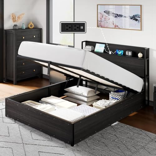 LUXOAK Bett 140x200, Hydraulisches Bett mit Stauraum Kopfteil und Ladestation, Jugendbett Doppelbett Bettgestell mit Lattenrost, Schwarz, Ohne Matratze