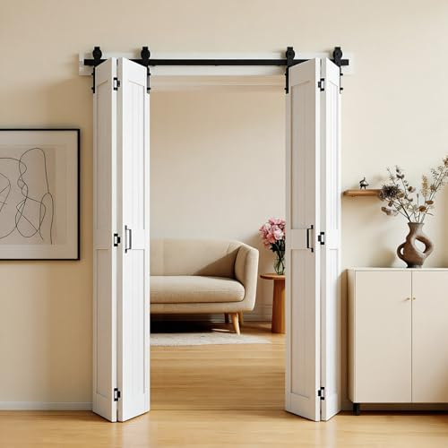 VEVOR Puerta Corredera Plegable, Estilo Granero, Fabricada en MDF, con Kit de Montaje, Diseño de Marco en H Compacto y Paneles Premontados, Apto para Dormitorio y Salón, Blanco, 1829 x 2134 x 35 mm