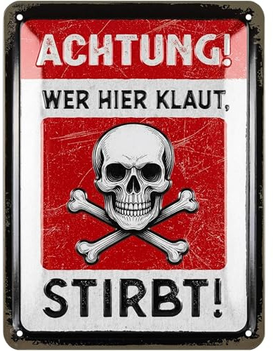 LANOLU retro Blechschild Achtung wer klaut stirbt, lustiges Sprüche Schild aus Metall- geprägt und gestanzt, Deko für Garage, Werkstatt- Geschenk für Männer, 15x20 cm