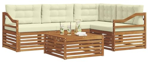 vidaXL Outdoor-Sofagarnitur mit Kissen 5 pcs Natur und Creme, Outdoor-Sofa, Gartensofa, langlebige Möbel, modernes Terrassen-Set, gemütliche Lounge-Ecke