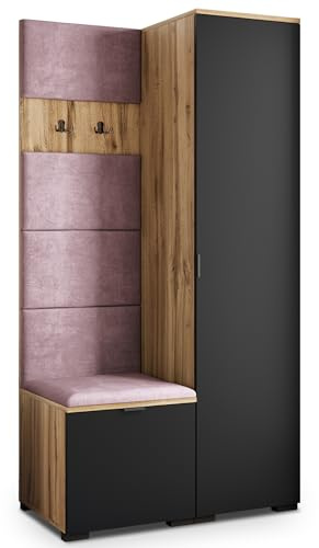 Masseno Flugarderoben Set Lori, Kleiderschrank-Set mit Sitzbank, Garderobenschrank Flur mit 3 Regalböden, Eiche Wotan/Schwarz