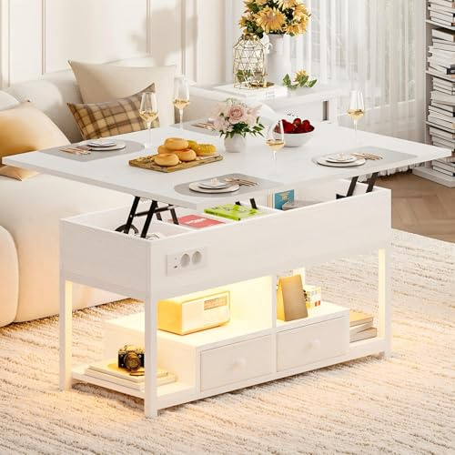 IRONCK Couchtisch Höhenverstellbar, LED Wohnzimmertisch mit Steckdosen, 2AC+USB+USB‑C, Kaffeetisch Holz, 2 Schubladen, Umwandelbar Esstisch 100×80cm (Weiß)