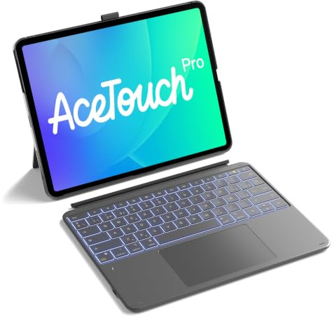 Inateck Coque Clavier iPad Air 13, Pavé Tactile Géant Haute Précision | iPad Pro 12.9, magnétique détachable, portrait/paysage, rétroéclairé 7 couleurs, porte-stylet caché, AceTouch, Gris