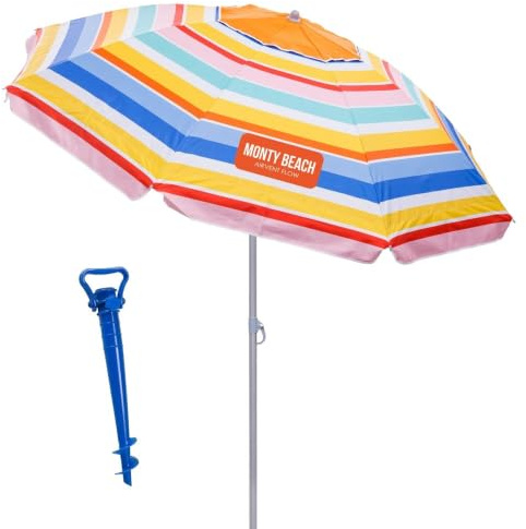 MONTY Sombrilla playa con soporte arena, bolsillos interiores, multicolor, revestimiento plateado UPF+50, techo antiviento, varillas flexibles fibra vidrio, mástil inclinable, regulable altura