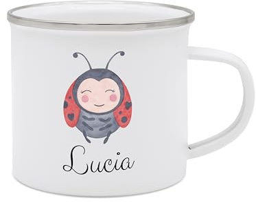 wunderwunsch Emaille Tasse Kinder personalisiert, Trinkbecher mit Namen | Kleiner Emailletasse Camping Becher für Mädchen und Jungs, Kindertasse zum Kindergarten und Schulanfang oder Weihnachten