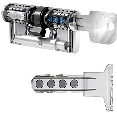 EVVA MCS Hochsicherheits-Doppelzylinder mit 3 Schlüsseln, Länge 51mm, Magnet-Technologie, Not- und Gefahrenfunktion, Modularbauweise, Aufbohr-, Abreiß- und Ziehschutz, Silber