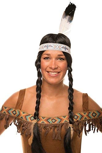 Parrucca indiana con trecce in set nero con piuma per uomo e donna Carnevale