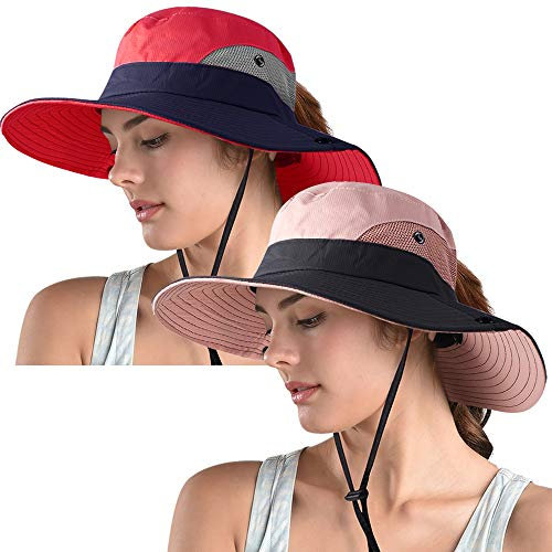 Lot de 2 chapeaux de paille pour homme et femme, chapeau Panama, chapeau de plage, chapeau d'été pour femme, UPF 50, Lot de 2 - Rose et rouge, 6 3/4/6 7/8