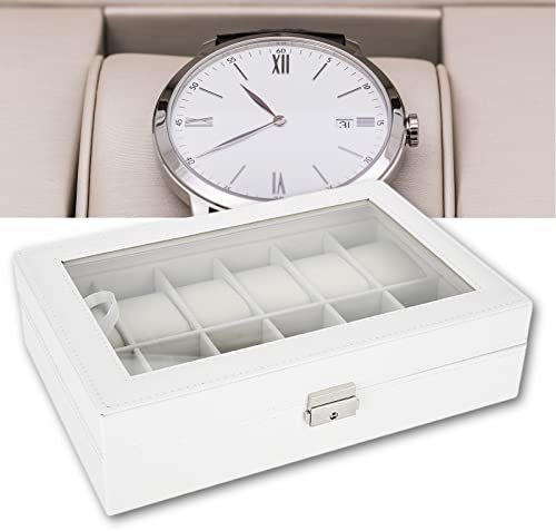Uhrenbox mit 12 Fächern, 12 Slots Mens Uhren Organizer, Uhrenkoffer mit Herausnehmbaren Uhrenkissen Uhrengehäuse Armband Tablett mit Glasplatte Watch Box Uhrenkasten