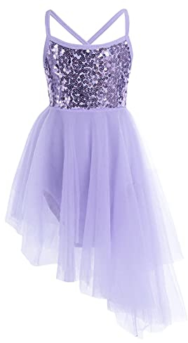 iEFiEL Mädchen Ballettkleid Kinder Glitzer Ballett Trikot Ballettanzug mit Röckchen Tüll Pailletten Kleid Trägerkleid Turnanzug Lila 140-152