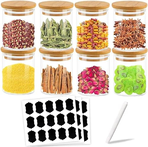 JUVEL Bocaux de Conservation en Verre 200ml Lot de 8 Pot avec Couvercle et Rondelle en Silicone, pour Épices, Haricots, Bonbons