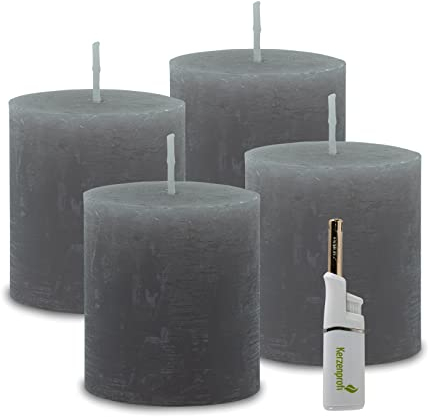 DecoLite: 4 x Rustik Polar-Stumpenkerzen 75/68 mm. Brenndauer ca. 28 Stunden. inkl. Kerzenprofi Stabfeuerzeug - Deutscher Markenhersteller - RAL Zertifiziert (schiefer)