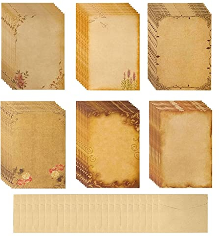 Qunkun 48 Blatt Vintage Briefpapier, 24 Kraftumschläge, Briefbogen Briefpapier Set, Doppelseitig Druckerpapier, Hochzeits Einladung Grußkarten, Mittelalterliches briefpapier, Motivpapier, Notizpapier