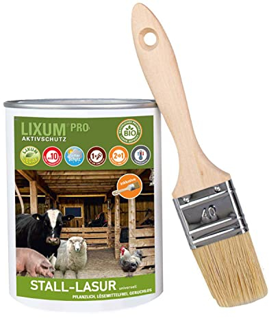 LIXUM PRO 100% biologische & natürliche Tierstall - Stall Lasur universell, Farbe:Olivgrün 0.92, Inhalt:335 ml (ca.10m²), inkl. Zubehör:Pinsel