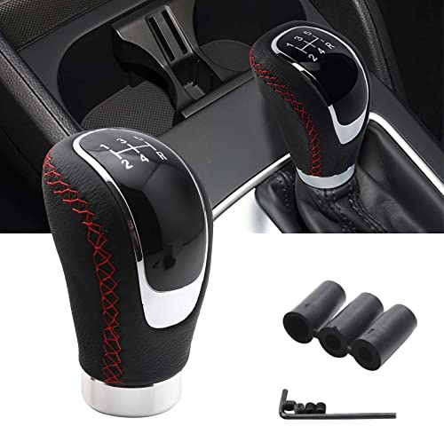 IGRARK 5 Vitesses Pommeau Levier de Vitesse, Universel Manuel Levier de Vitesse Avec 3 Adaptateurs 8mm 10mm 12mm, Changement de Vitesse en Cuir, Accessoires Voiture, Noir Rouge