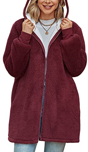 Xnova Cappotto da Donna in Pile Felpa Cerniera con Cappuccio, Morbido Capispalla Oversize Lungo con Tasche, Giacche Hoodie Caldo Antivento Cappotti Felpe Peloso Invernale (Rosso Vino, XL)