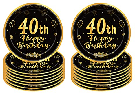 Pappteller 40 Geburtstag,16 Stück Einwegteller Geburtstag,23cm Pappteller Einweg für Junge mädchen,Schwarz und Gold Pappteller für Party Geburtstag,Happy 40th Birthday Einwegteller für 40. Geburtstag