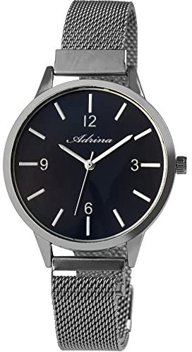 Adrina Damen-Uhr Meshband Edelstahl Magnetverschluß Quarz Analog 1300023 (silberfarbig dunkelblau)