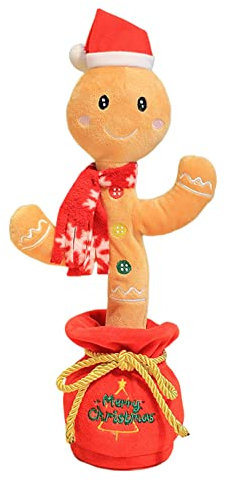 Bonhomme en pain d'épice Qui Danse, Peluche de Noël Qui Parle et Chantant, 32cm Chanson en anglais, avec Fonction d'enregistrement, Dancing Peluche Noël Rougeoyant Cadeaux pour Enfants, Adultes
