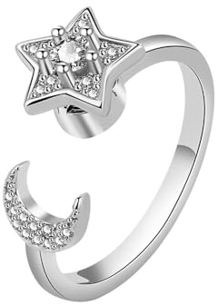 Aucuu Angst Spinning Ringe für Damen, Kupfer-versilberter Damenringe, Offener Ringe Fidget Spinner Ringe, Zirkonia Zappelringe, Verstellbare Stapelbare für Stress Abbauen