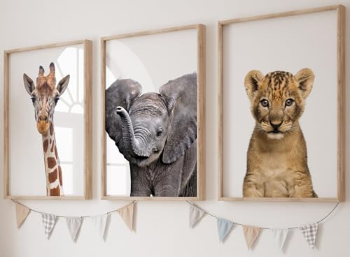 Eviepops Prints Set aus 3 Realistisch Safaritieren für Kinderzimmer von Jungen und Mädchen, Ungerahmter Druck, Kinder Wandkunst, Dekor im Babyzimmer, Spielzimmer-Poster, giraffe löwe elefant (A4)
