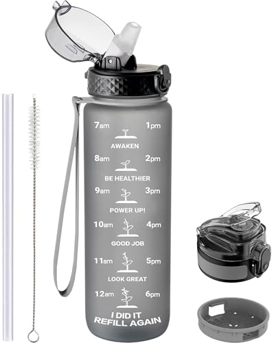 GOPPU 1L/32oz Borraccia Motivazionale con Cannuccia - Tenuta Stagna in Tritan per Palestra, Scuola, Adulti - Senza BPA con 2 Coperchi