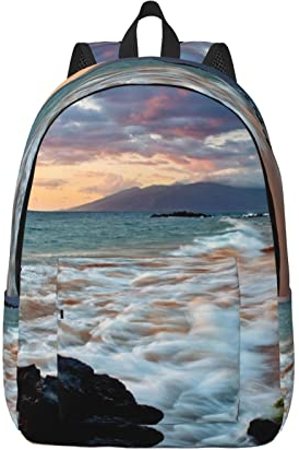 KIDINN Rucksack mit Einhörnern, rosa Druck, Segeltuch, geeignet für Männer, Frauen und Jugendliche, Strand Maui Hawaii Sonnenuntergang Wolken, Small