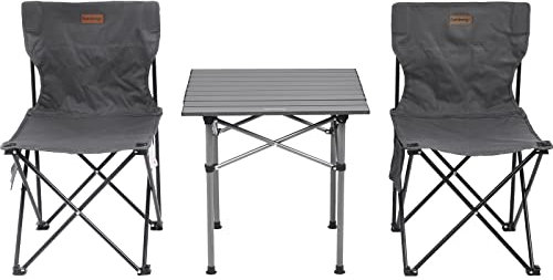 Rainberg Foldable Camping Table Set with 2 Chair, Outdoor Indoor Use for BBQ, Picnic, Garden Parties, Foldable Portable Design. (Small Table with 2 Chairs, Grey)