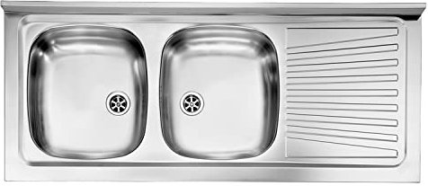 Linea Azzurra Lavello Cucina 2 Vasche in Acciaio Inox e gocciolatoio per lavello. Lavabo Cucina Satinato F3 Standard con Piletta Manuale e Guarnizione Premontata 120x50x120cm Made In Italy
