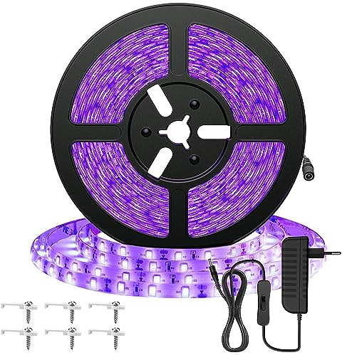 Eleganted UV LED Strip 5M Schwarzlicht Streifen mit Netzteil, 12V Flexibel 300 LEDs Band, Selbstklebend 2835 Lichtleiste UV Lampe, Lichtband Black Light für Party, Bar, Neonfarben, Club, Disco, Deko