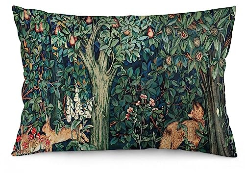 Keebik William Morris Kissenbezug mit Fuchshasen, Blumenwald, dekorativ, für den Außenbereich, weich, Heimdekoration, Wohnzimmer, Kissen für Bett, Couch, Auto, 30,5 x 50,8 cm