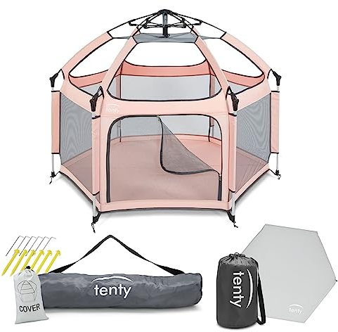 tenty Baby Pop-Up Laufgitter Set für drinnen und draußen - 150 x 100 cm - mobiler Laufstall mit Tragetasche, UV-Dach und Bodenmatte - für zuhause, Reisen, Camping - Grau/Rosa (Grau/Rosa)