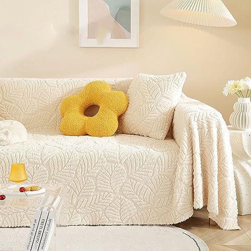 Daesar Couchbezug Eckcouch 1 Sitzer, Couch Überzug Plüsch Blätter Motiv Beige Sofa Universal Bezug Ecksofa 180x130CM Sofaüberwurf rutschfest