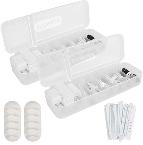 TGFIX 2Pcs Kabel Aufbewahrungsbox 7 Fächer Kabel Organizer Box Cable Management Box mit 18 Kabelbindern 2 Kabelhalter Kunststoff Aufbewahrungsbox für Schreibtisch Aufbewahrung Büro Heimgebrauch