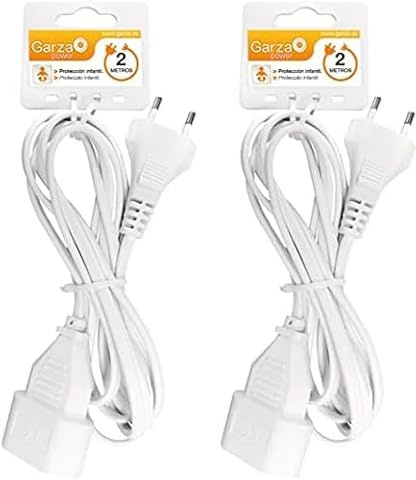 Garza - Cable alargador de Corriente doméstico de 2 Metros, Blanco, con Toma de Tierra hasta 10 Amperios (2300W) (Paquete de 2)