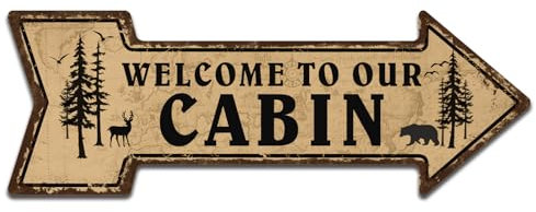 Mukuko Farmhouse Cabin Decor Welcome to Our Cabin Signs, 6 x 18 Arrow Metal Tin Sign Gift Decor for Home, Kitchen, Mountain Log House, College Student, Camper & Outdoors Fan