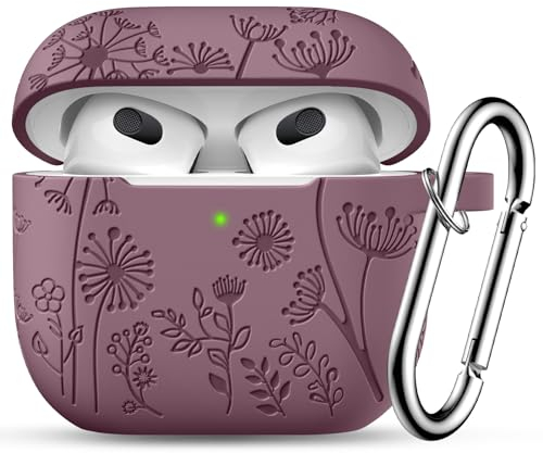Ouwegaga Gravierte Hülle für Apple Airpods 3 Hülle, Silikon für Airpods 3 Case Stoßfeste Hülle Kompatibel mit Airpods 3. Generation Hülle 2021, mit Karabinerhaken[Front-LED sichtbar],Rauchiges Violett