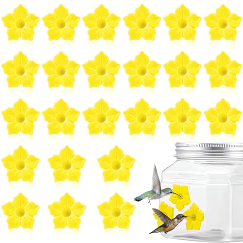 Baderke 24 Pack Hummingbird Feeders Replacement Flowers Handheld Bird Feeder Replacement Parts Plastic Replacement Flowers for Outdoors Bird Feeding Ports Hanging Bird Feeder Mason Jar (Yellow)