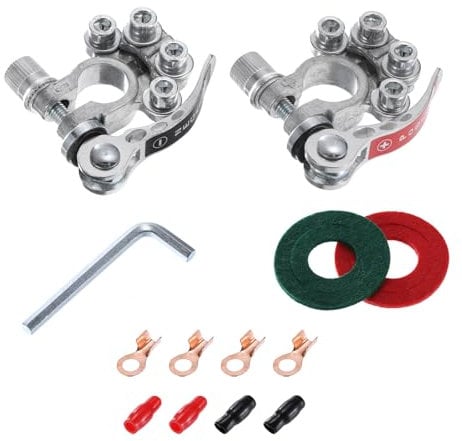sourcing map Battery Terminal Connectors, 4 Way Quick Release Disconnect Battery Terminals, Positive Negative Battery Copper Cable Ends for Cars Boats with Wrench, Insulation Pad, White Silver